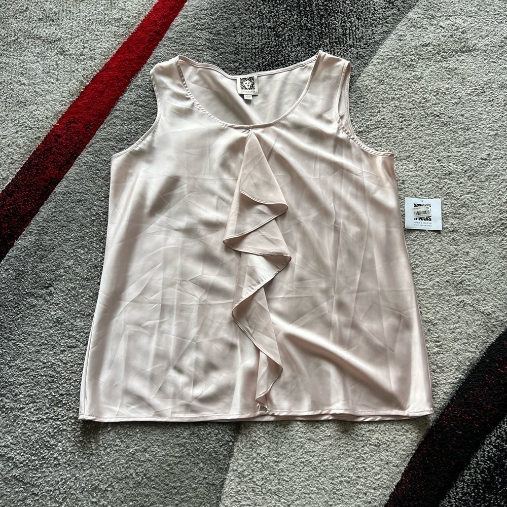 Anne Klein Soft Pink Satin Ruffle Front Blouse